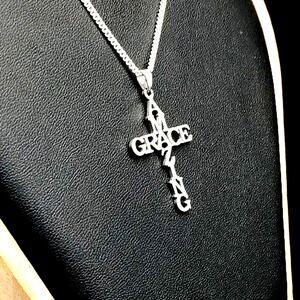 925 Sterling Silver Necklace w/ Amazing Grace Cross Jesus Christian Catholic NEW